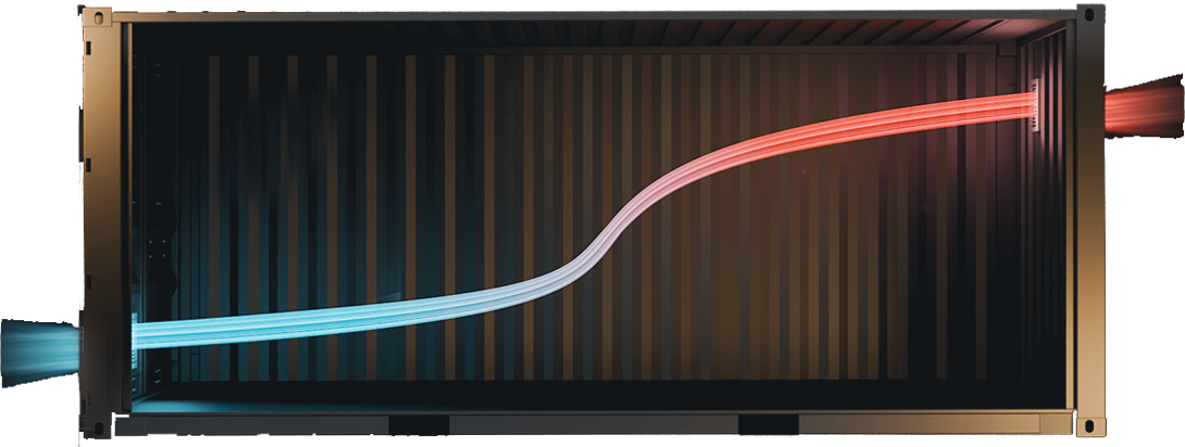 Airflow entering a shipping container low on one side and exiting high on the other